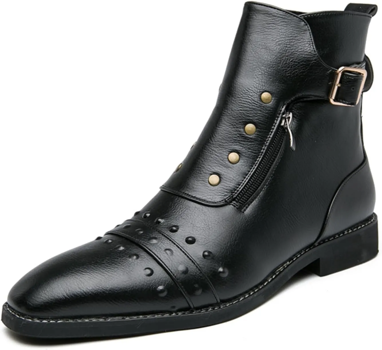 Mens Retro Leather Buckle Chukka Ankle Boots with Side Zipper Pointed Toe Non-Slip Low Heels Casual Shoes for Business Casual Dress Prom Party