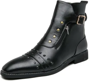 Mens Retro Leather Buckle Chukka Ankle Boots with Side Zipper Pointed Toe Non-Slip Low Heels Casual Shoes for Business Casual Dress Prom Party