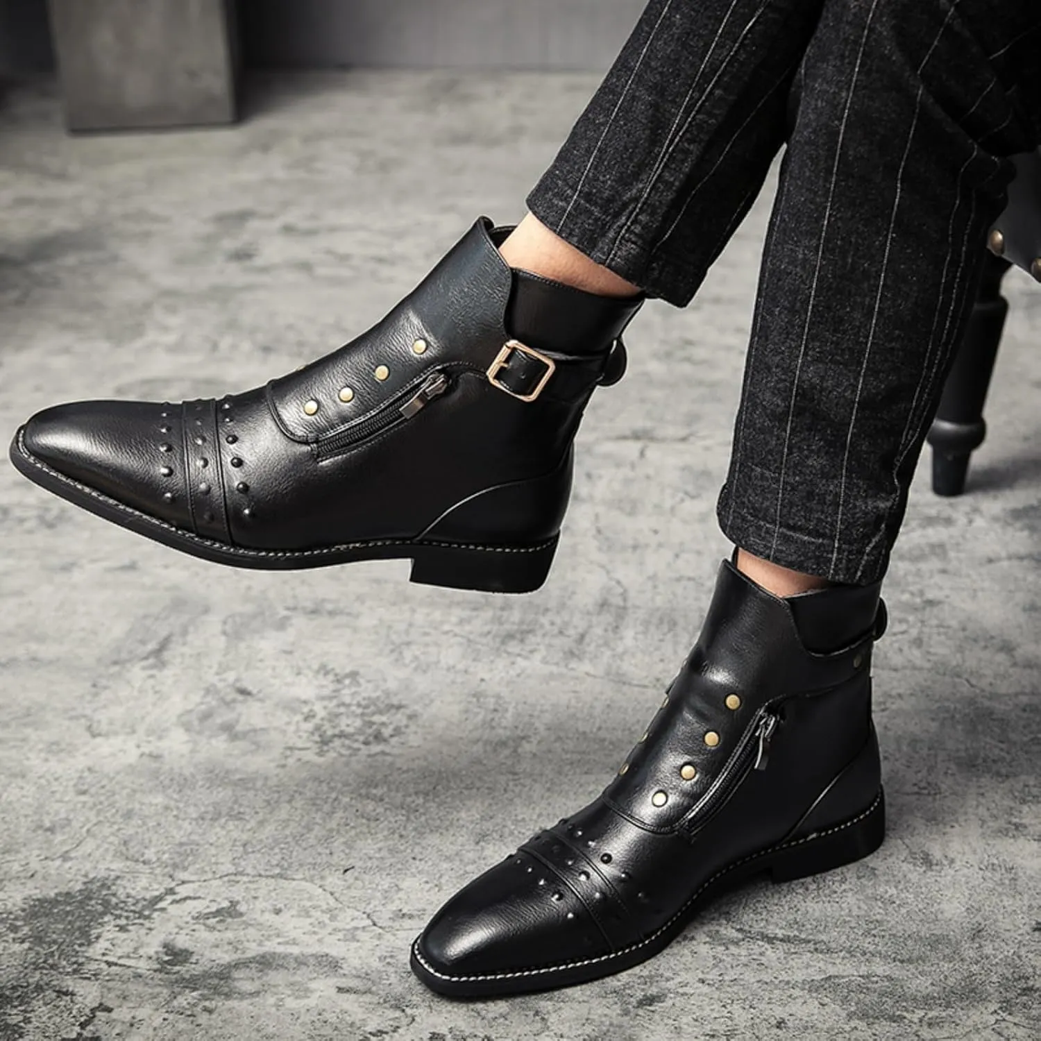 Mens Retro Leather Buckle Chukka Ankle Boots with Side Zipper Pointed Toe Non-Slip Low Heels Casual Shoes for Business Casual Dress Prom Party