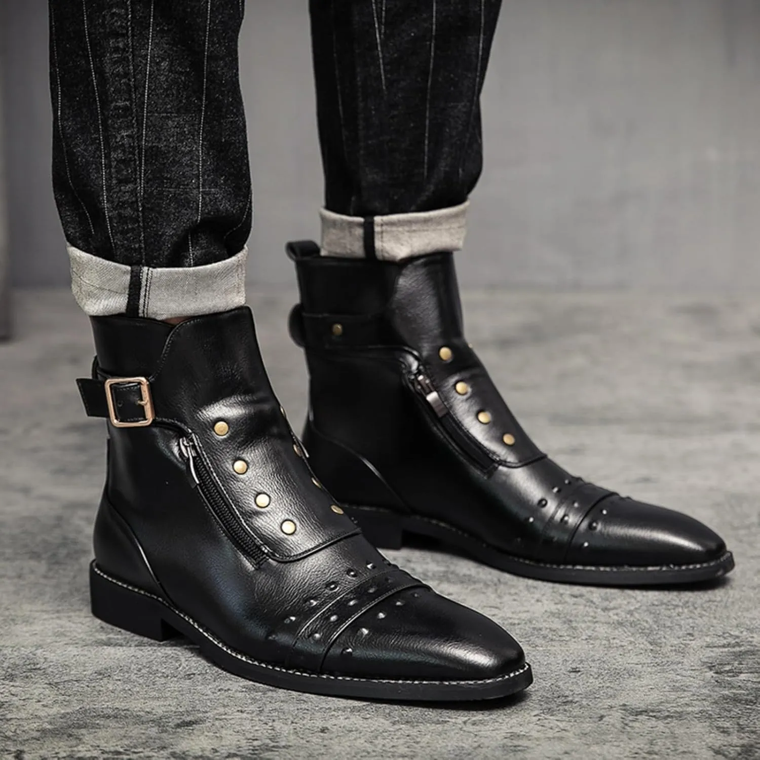 Mens Retro Leather Buckle Chukka Ankle Boots with Side Zipper Pointed Toe Non-Slip Low Heels Casual Shoes for Business Casual Dress Prom Party