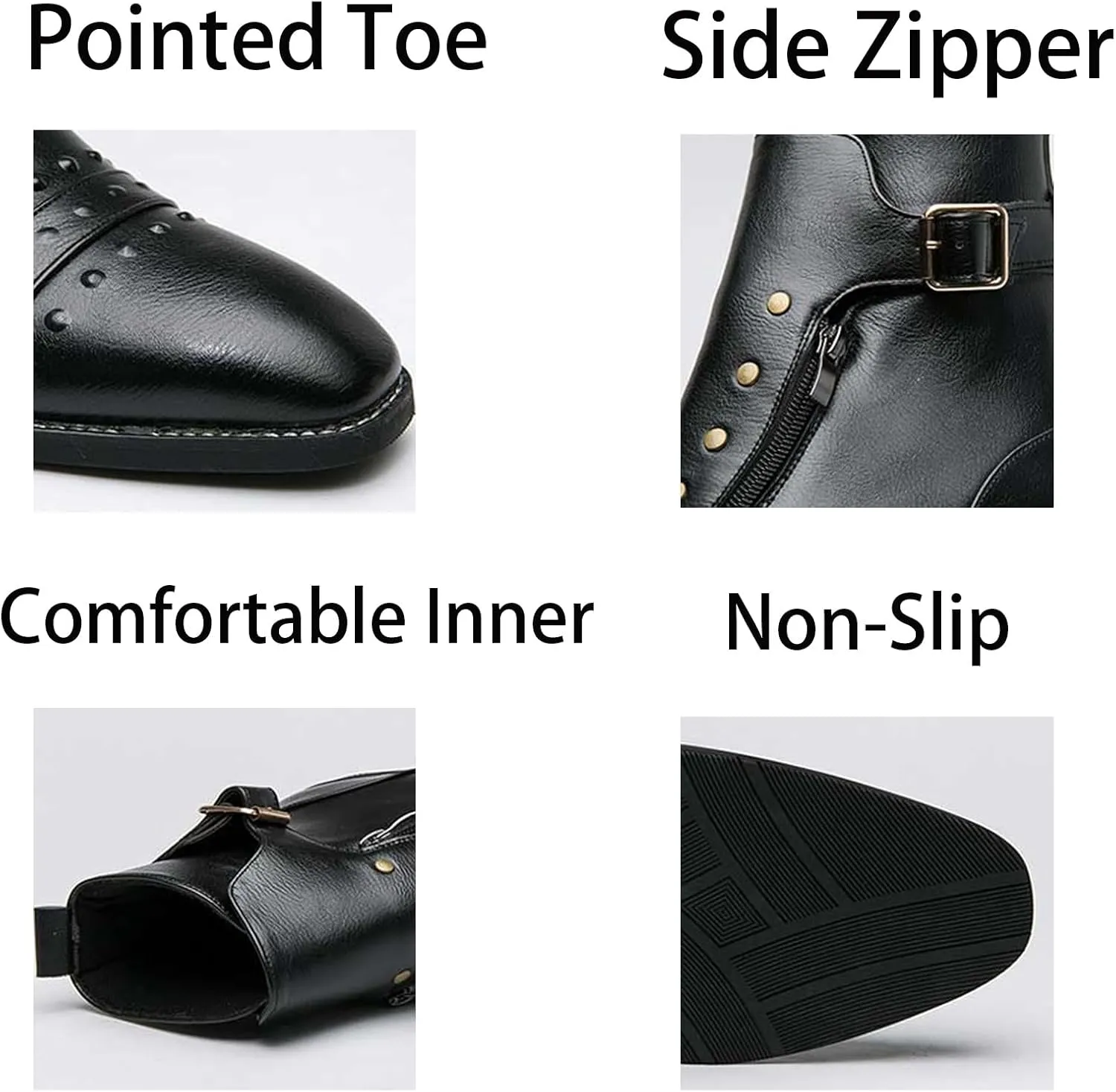 Mens Retro Leather Buckle Chukka Ankle Boots with Side Zipper Pointed Toe Non-Slip Low Heels Casual Shoes for Business Casual Dress Prom Party