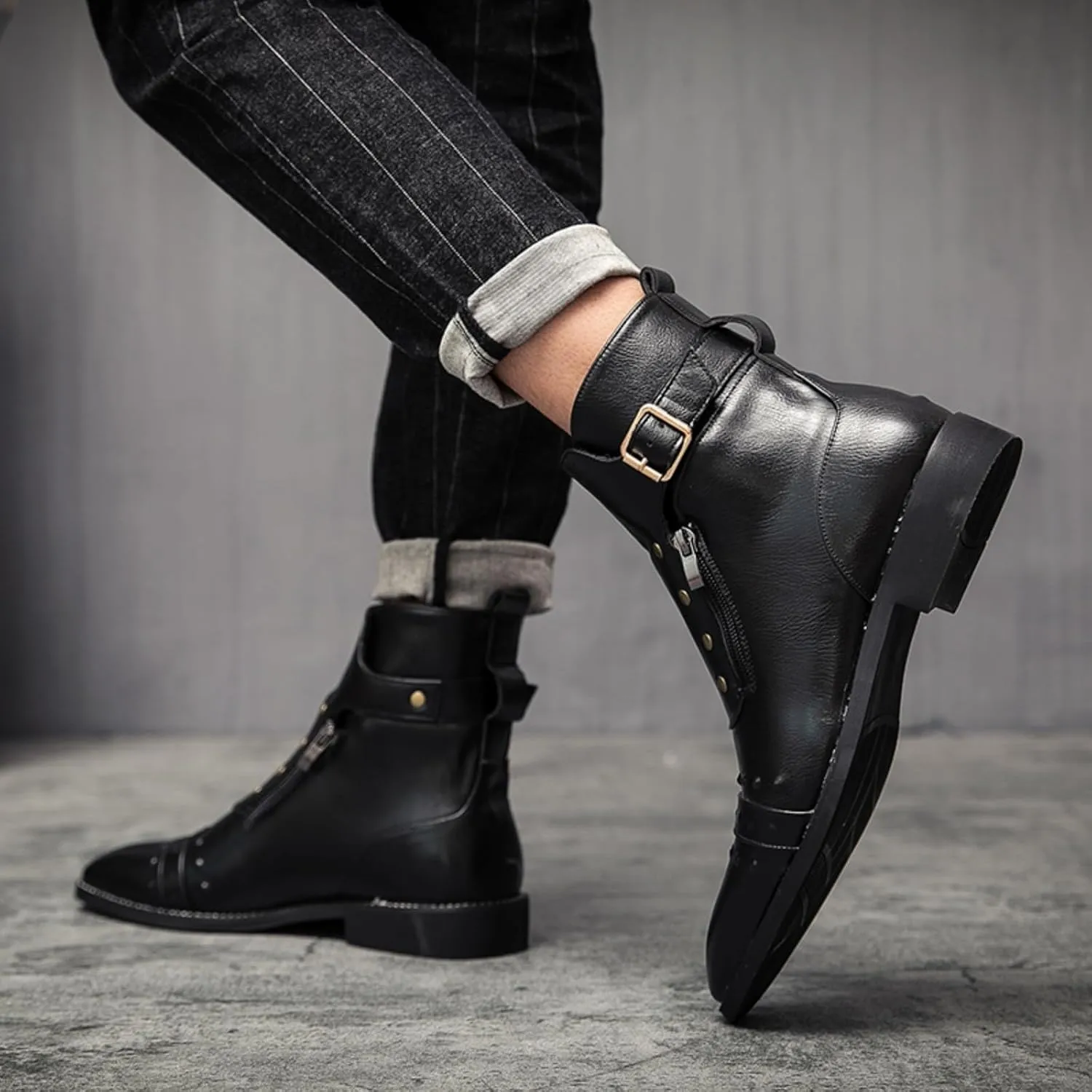 Mens Retro Leather Buckle Chukka Ankle Boots with Side Zipper Pointed Toe Non-Slip Low Heels Casual Shoes for Business Casual Dress Prom Party