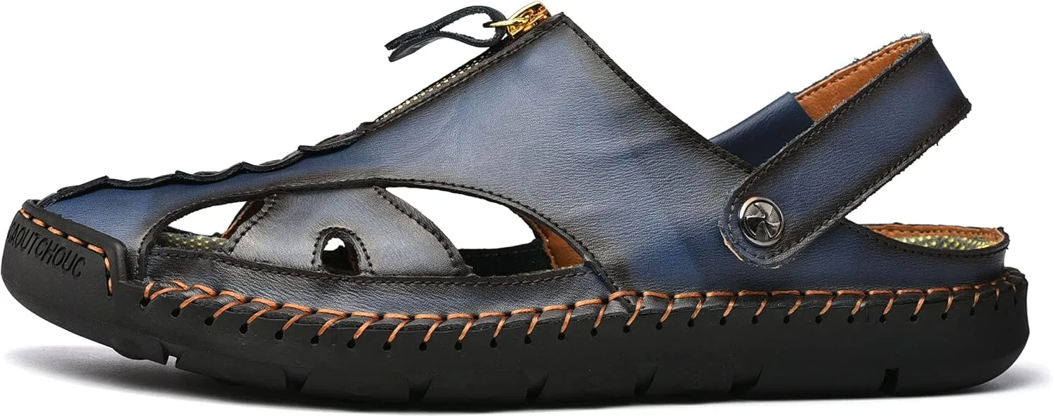Mens Sandals Leather Closed Toe Outdoor Summer Anti-Slip Beach Sandals