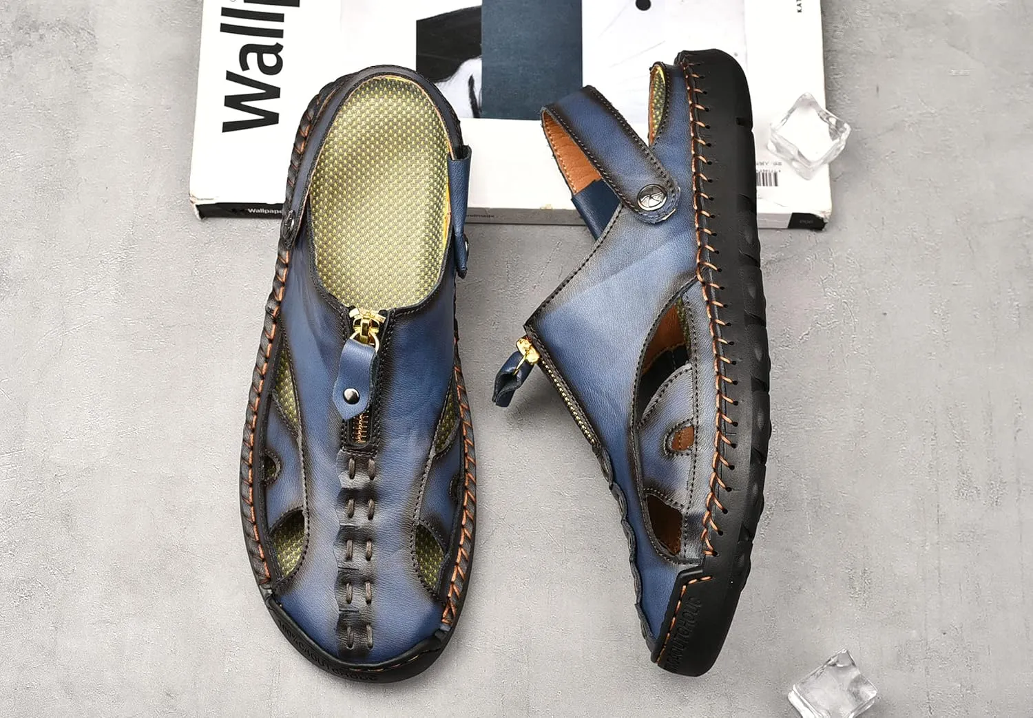 Mens Sandals Leather Closed Toe Outdoor Summer Anti-Slip Beach Sandals