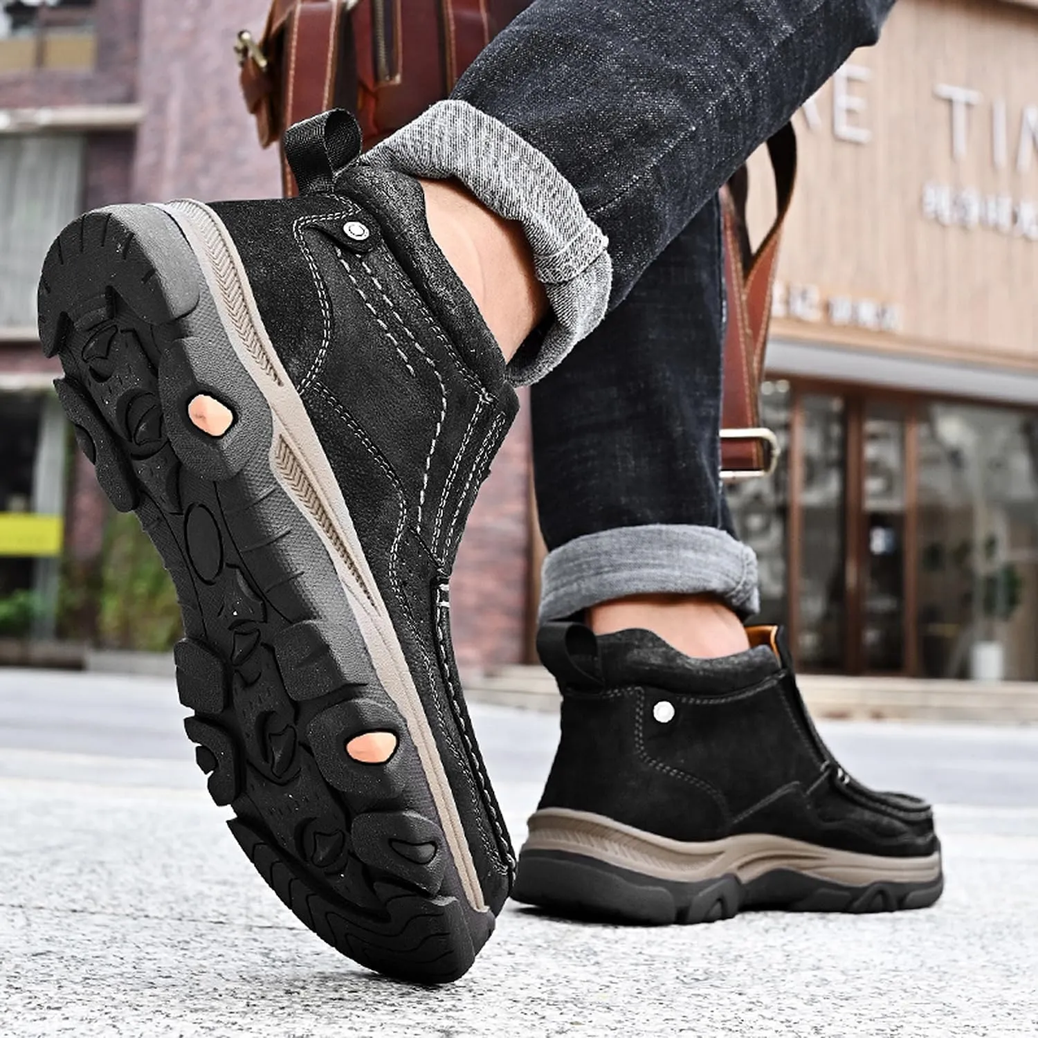 Mens Slip On Casual Loafers Classic Outdoor Leather Walking Hiking Shoes Comfortable for Work Office Dress Outdoor High Top