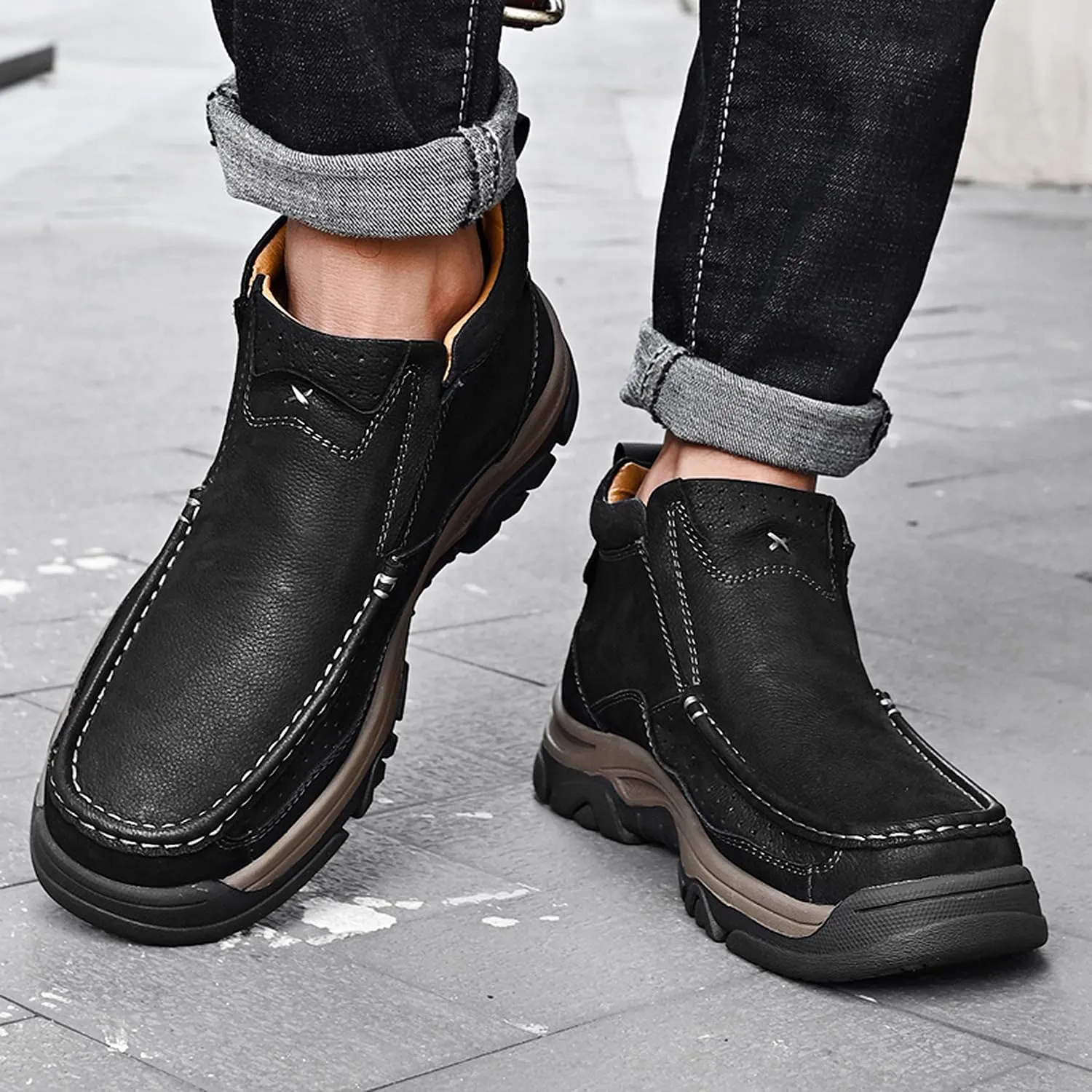 Mens Slip On Casual Loafers Classic Outdoor Leather Walking Hiking Shoes Comfortable for Work Office Dress Outdoor High Top