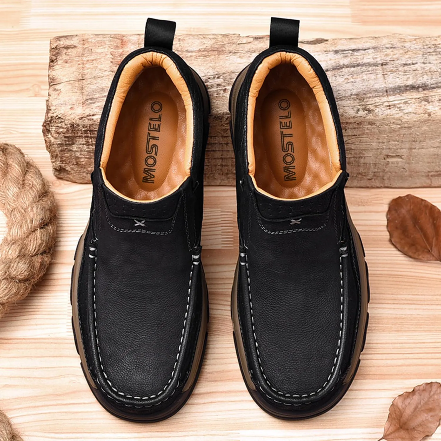 Mens Slip On Casual Loafers Classic Outdoor Leather Walking Hiking Shoes Comfortable for Work Office Dress Outdoor High Top