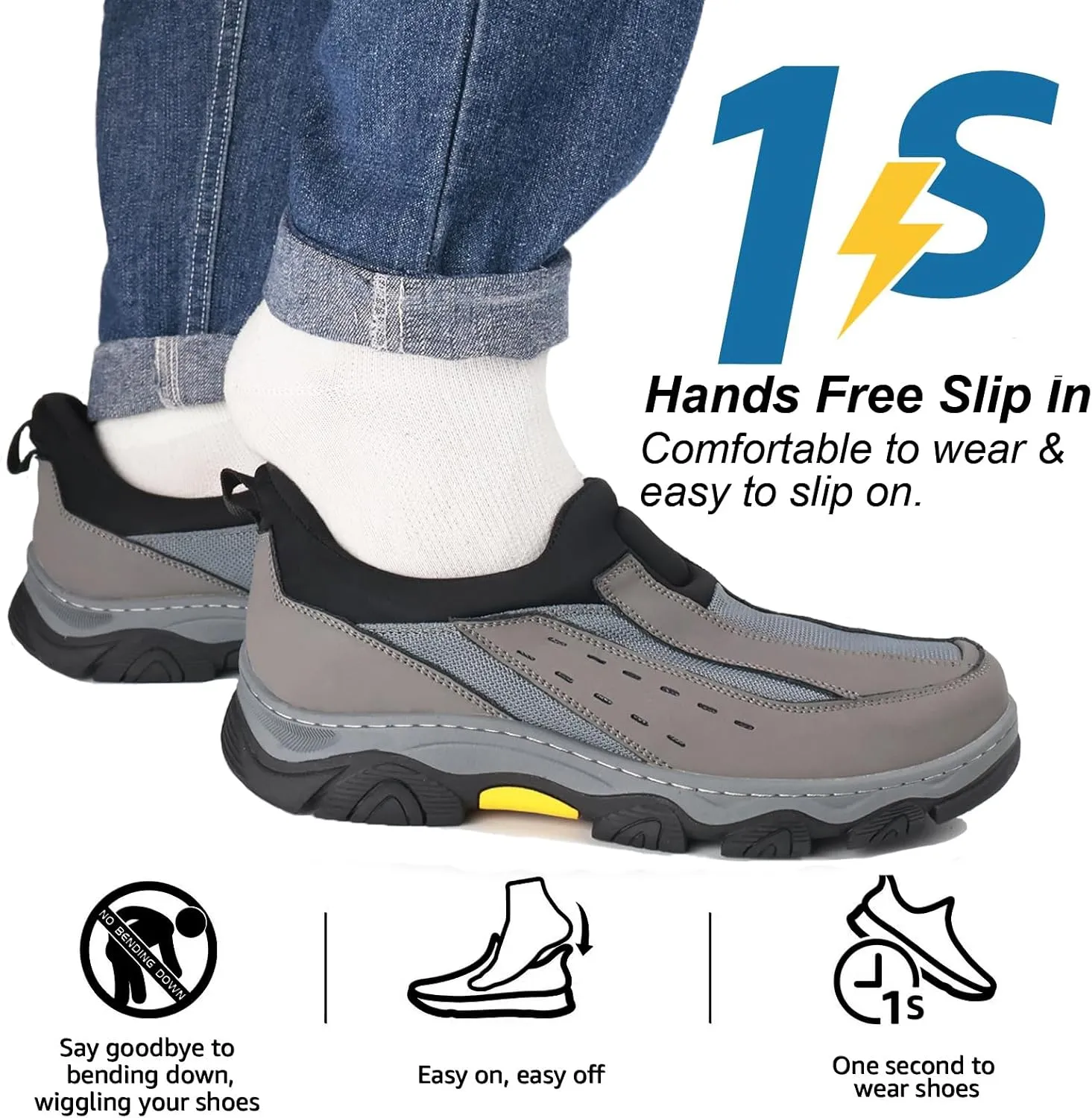 Mens Slip On Hands Free Loafers Causal Outdoor Walking Slip-Ins Breathable Step in Work Shoes