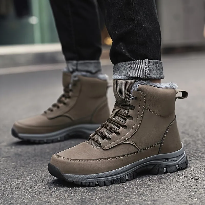 Men's Trendy Solid High Top Hiking Boots, Comfy Non Slip Casual Thermal Shoes, Winter & Autumn