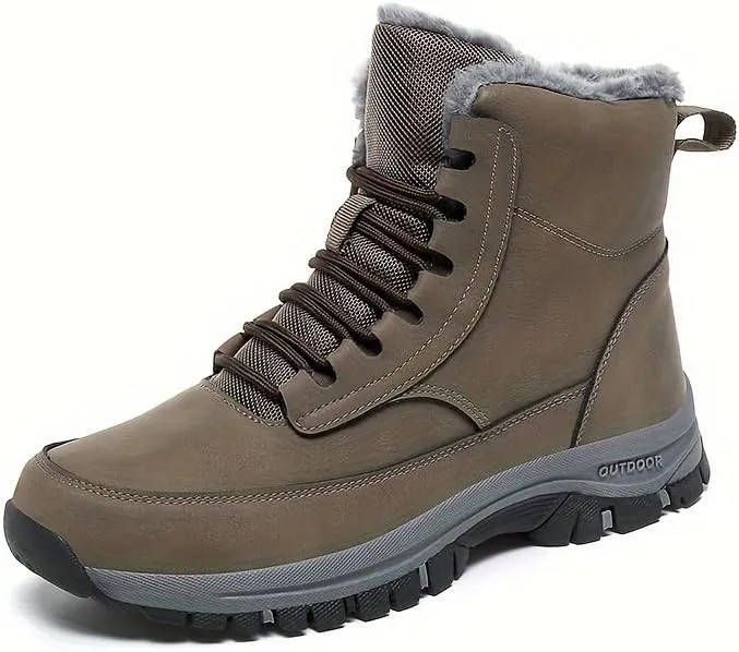Men's Trendy Solid High Top Hiking Boots, Comfy Non Slip Casual Thermal Shoes, Winter & Autumn