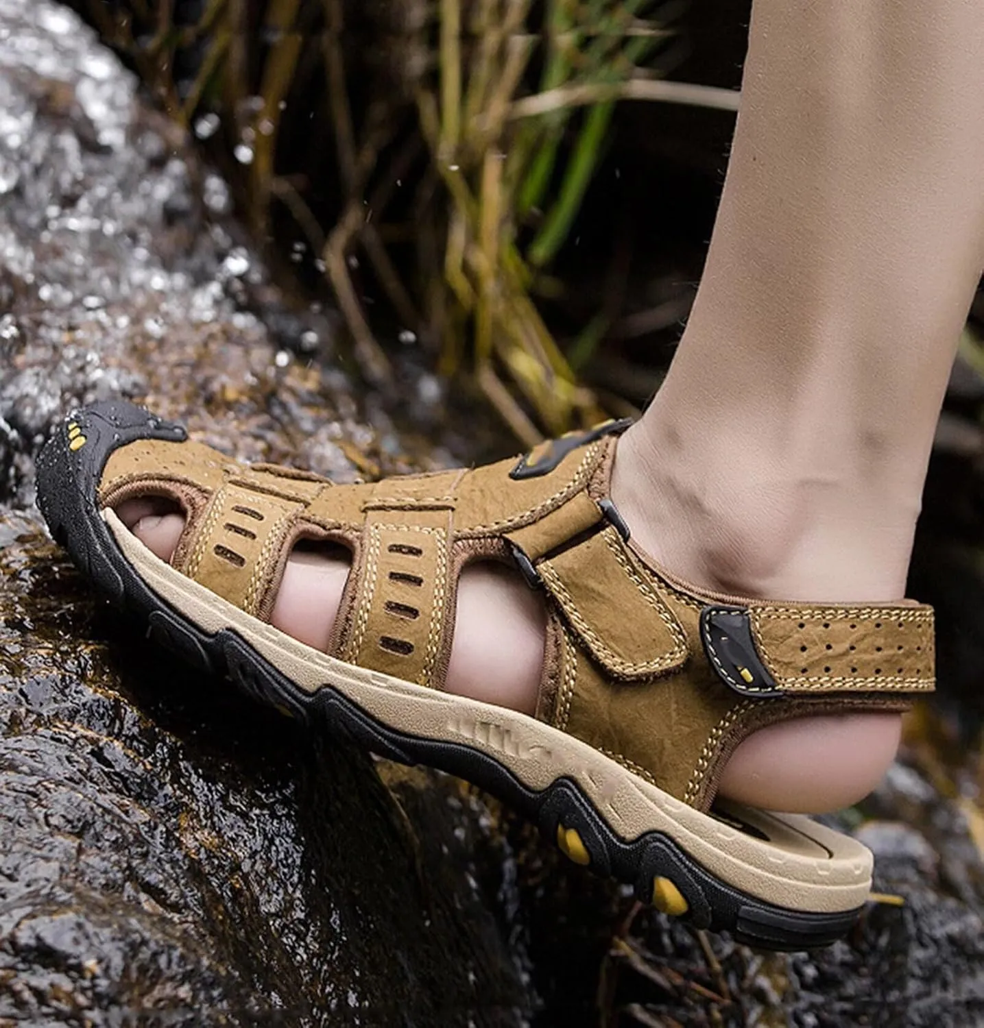 Mens Walking Sandals Closed Toe Sports Outdoor Leather Sandals for Trekking Trail Hiking Running Beach