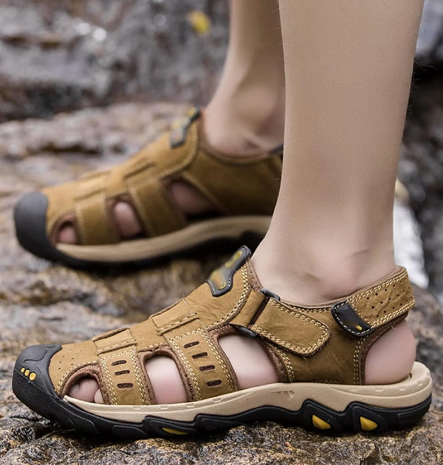 Mens Walking Sandals Closed Toe Sports Outdoor Leather Sandals for Trekking Trail Hiking Running Beach