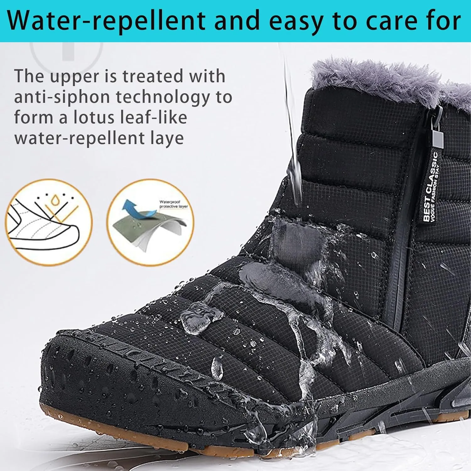 Mens Winter Warm Snow Boots Fur Lined Anti-Slip Waterproof Winter Shoes Retro Anti-Collision Round Toe Zipper Closure Slip on Outdoor Boot