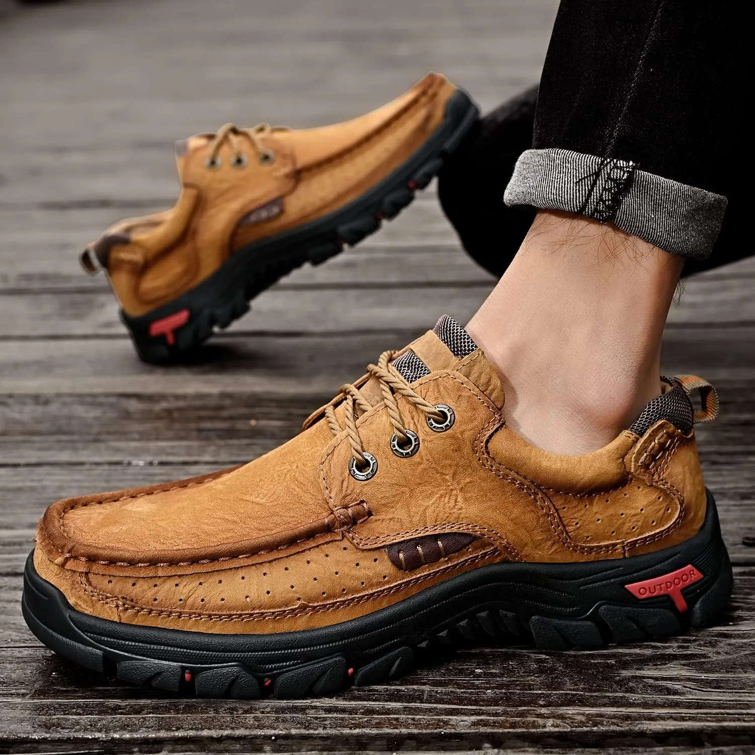 Mens with Laces Slip On Casual Loafers Classic Outdoor Leather Walking Hiking Shoes Comfortable for Work Office Dress Outdoor