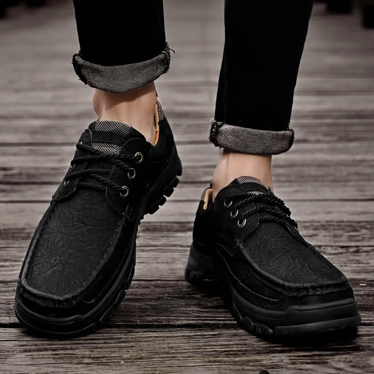 Mens with Laces Slip On Casual Loafers Classic Outdoor Leather Walking Hiking Shoes Comfortable for Work Office Dress Outdoor