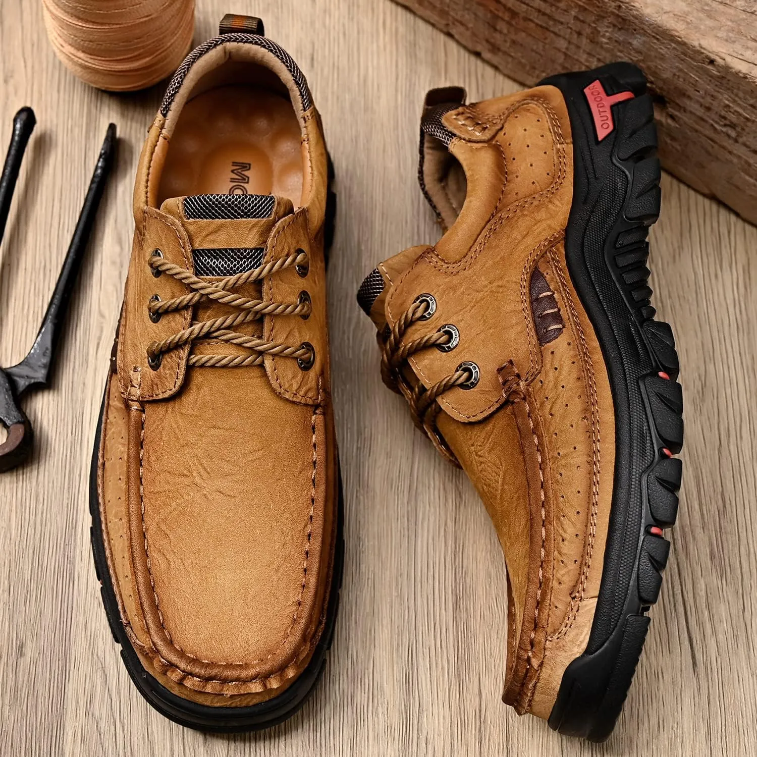 Mens with Laces Slip On Casual Loafers Classic Outdoor Leather Walking Hiking Shoes Comfortable for Work Office Dress Outdoor