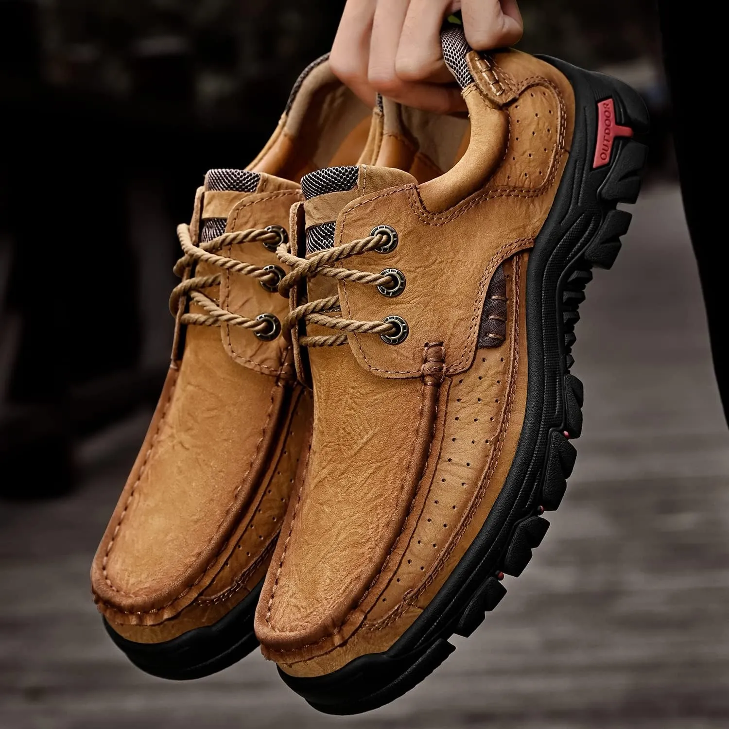 Mens with Laces Slip On Casual Loafers Classic Outdoor Leather Walking Hiking Shoes Comfortable for Work Office Dress Outdoor