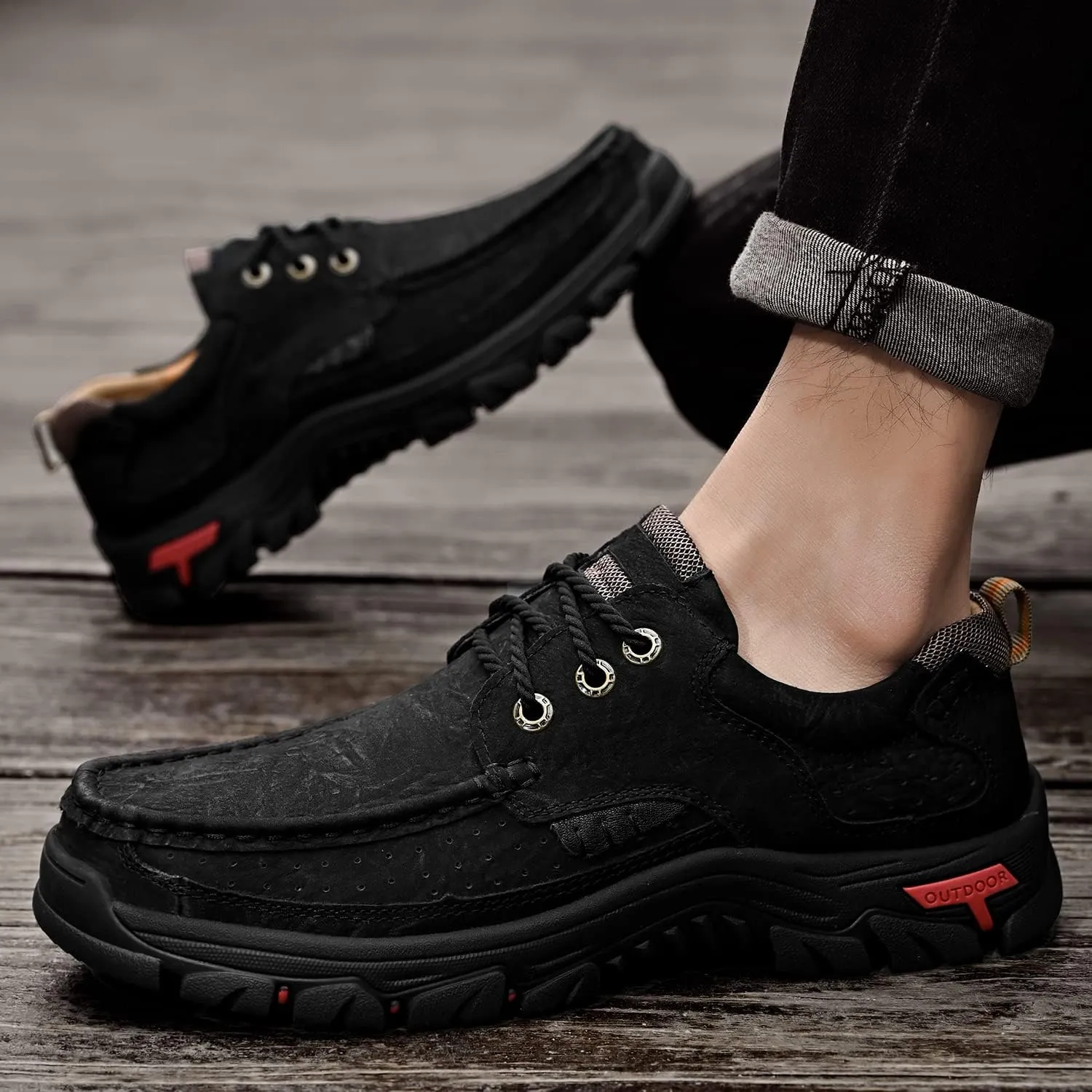 Mens with Laces Slip On Casual Loafers Classic Outdoor Leather Walking Hiking Shoes Comfortable for Work Office Dress Outdoor