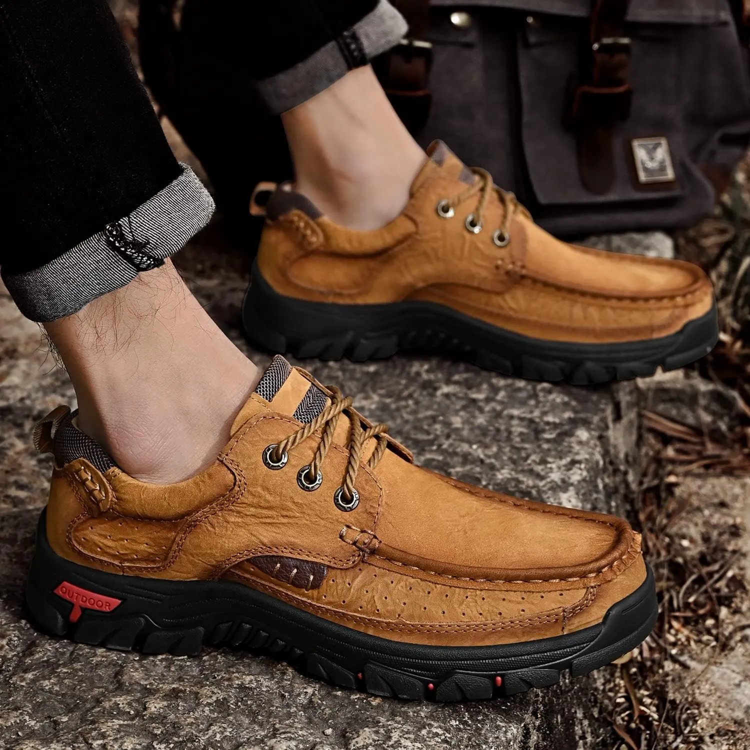 Mens with Laces Slip On Casual Loafers Classic Outdoor Leather Walking Hiking Shoes Comfortable for Work Office Dress Outdoor