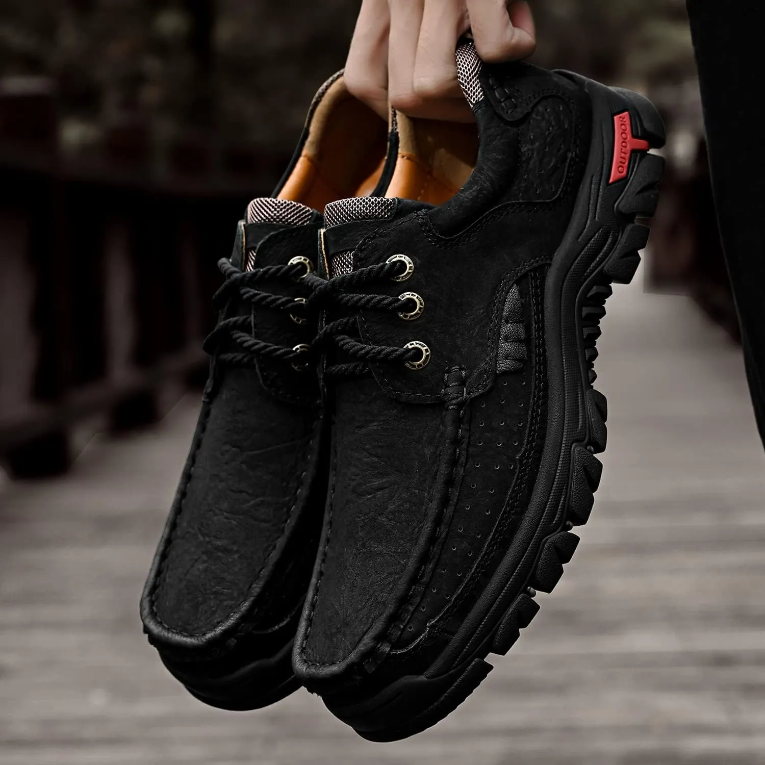 Mens with Laces Slip On Casual Loafers Classic Outdoor Leather Walking Hiking Shoes Comfortable for Work Office Dress Outdoor