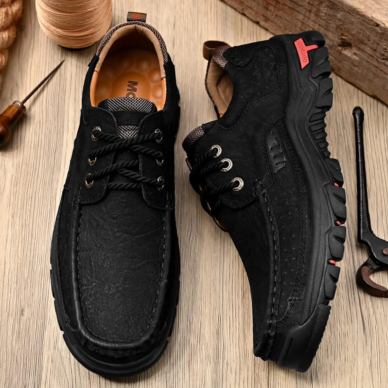 Mens with Laces Slip On Casual Loafers Classic Outdoor Leather Walking Hiking Shoes Comfortable for Work Office Dress Outdoor