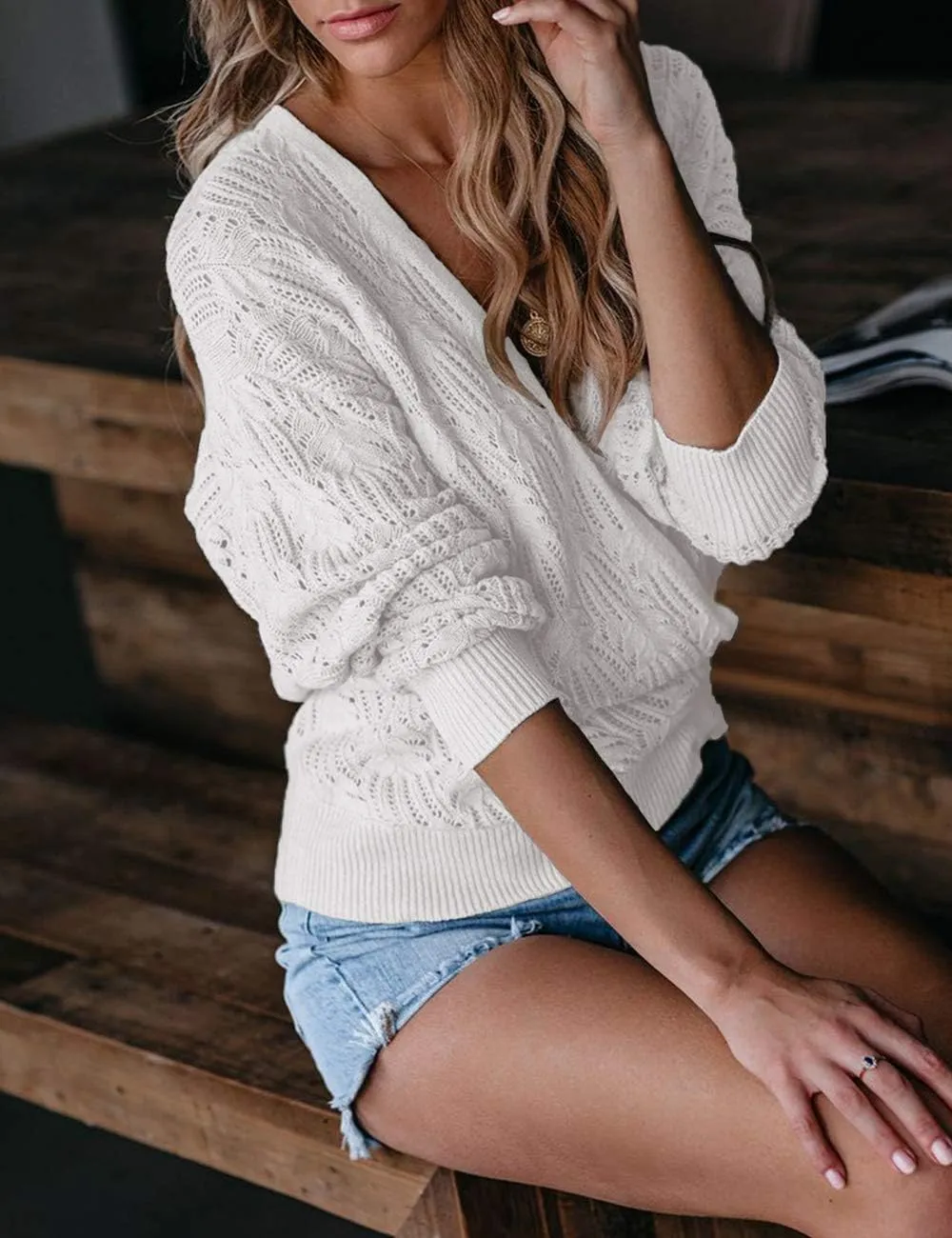 MEROKEETY Womens Deep V Neck Wrap Sweaters Long Sleeve Crochet Knit Pullover Tops