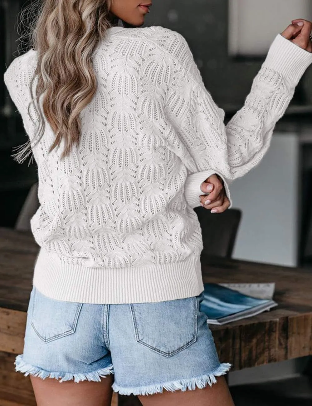 MEROKEETY Womens Deep V Neck Wrap Sweaters Long Sleeve Crochet Knit Pullover Tops