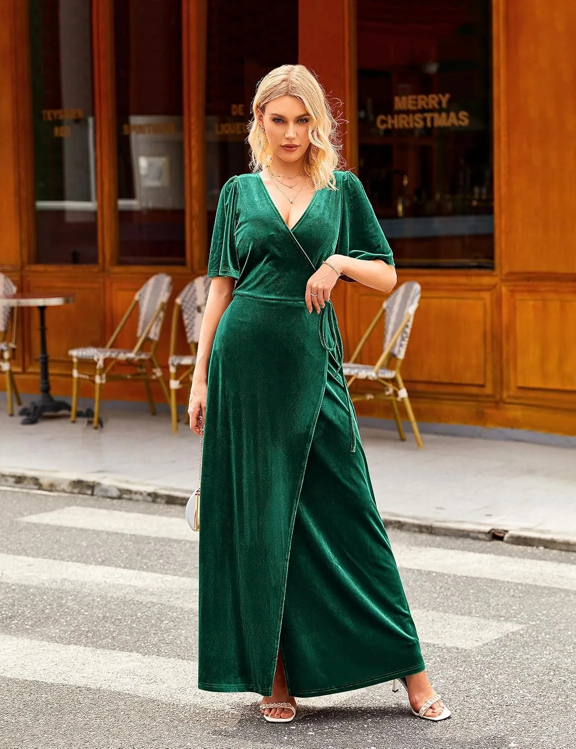 MEROKEETY Women's V Neck Wrap Velvet Maxi Dress Bell Sleeve Split Bridesmaid Cocktail Party Dresses