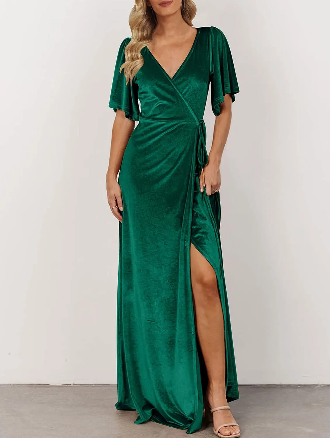 MEROKEETY Women's V Neck Wrap Velvet Maxi Dress Bell Sleeve Split Bridesmaid Cocktail Party Dresses