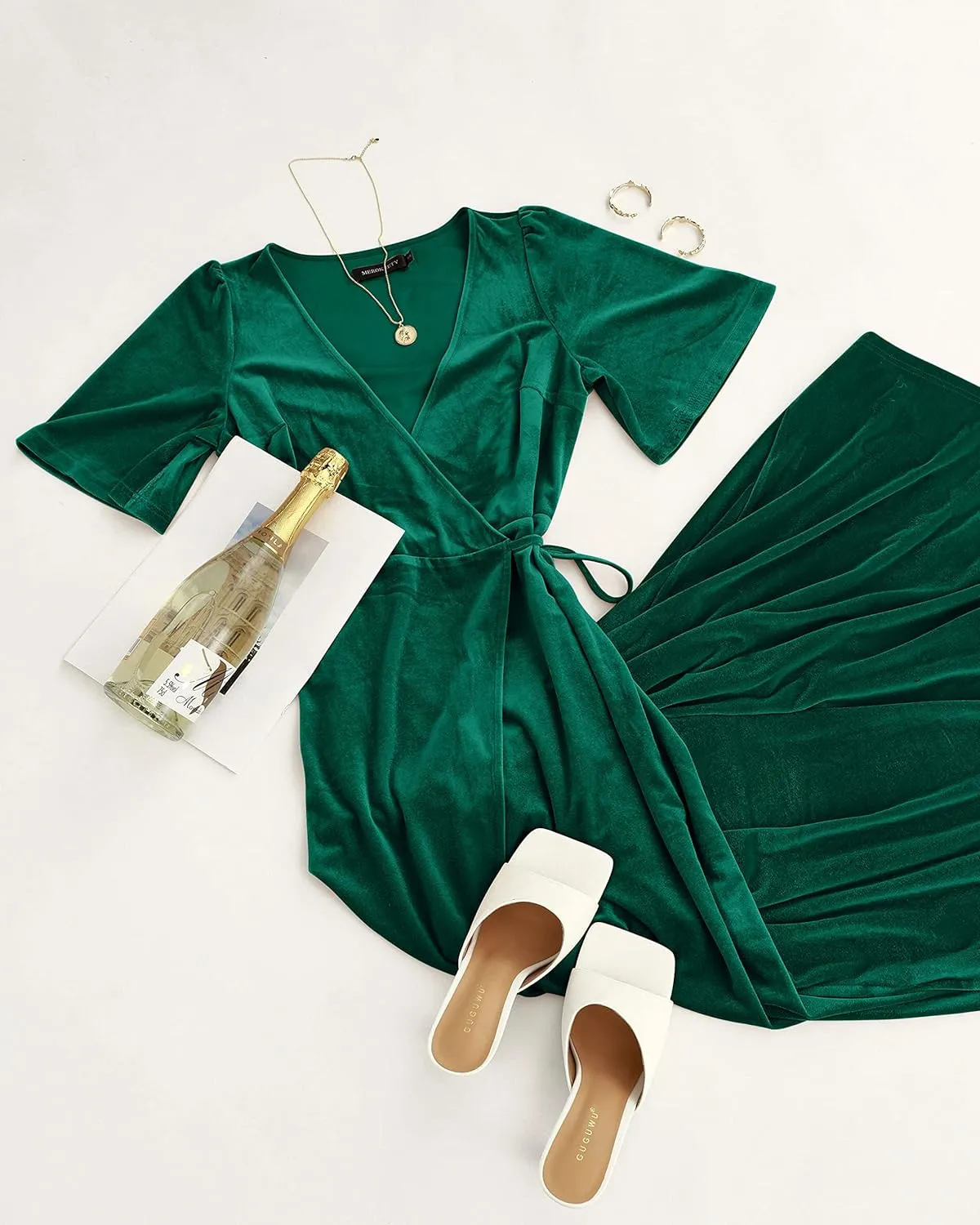 MEROKEETY Women's V Neck Wrap Velvet Maxi Dress Bell Sleeve Split Bridesmaid Cocktail Party Dresses