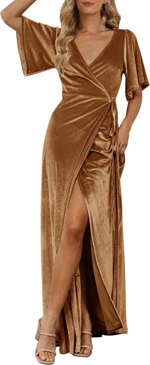 MEROKEETY Women's V Neck Wrap Velvet Maxi Dress Bell Sleeve Split Bridesmaid Cocktail Party Dresses