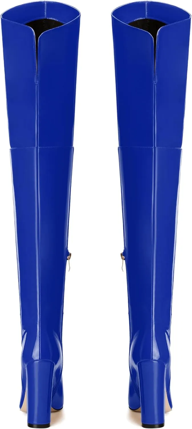 MERRORI Women's Thigh High Boots Pointed Toe 4.3-Inch Chunky Heel Over The Knee Boots Patent Sexy Fashion Side Zipper High Heel Boots