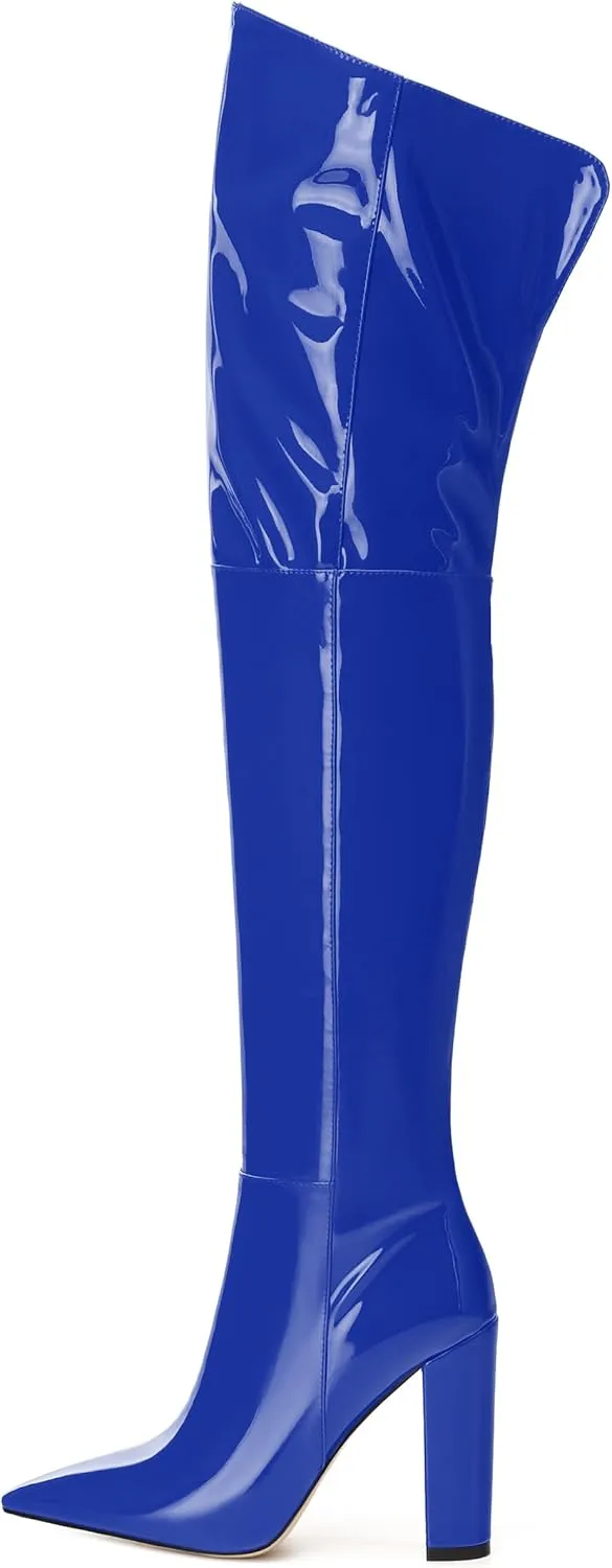 MERRORI Women's Thigh High Boots Pointed Toe 4.3-Inch Chunky Heel Over The Knee Boots Patent Sexy Fashion Side Zipper High Heel Boots
