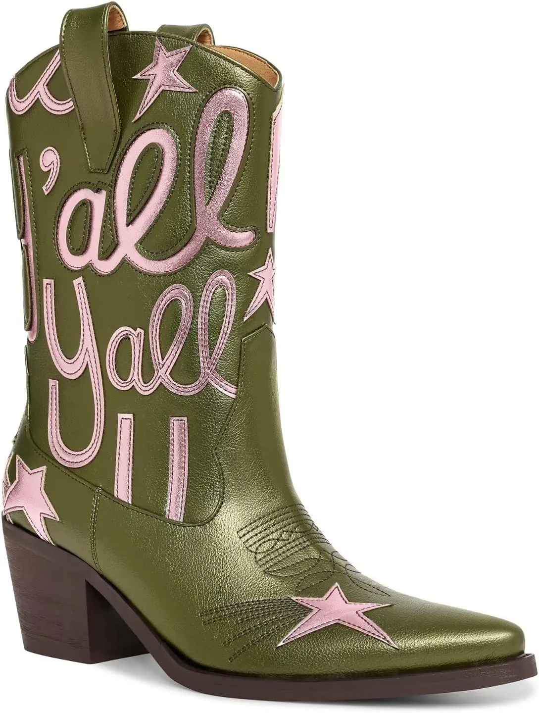 Metallic Cowboy boots for Women Mid Calf Low Heel Pointed Toe Womens Cowgirl Boots Fashion Embroidery Western Pull On Boots