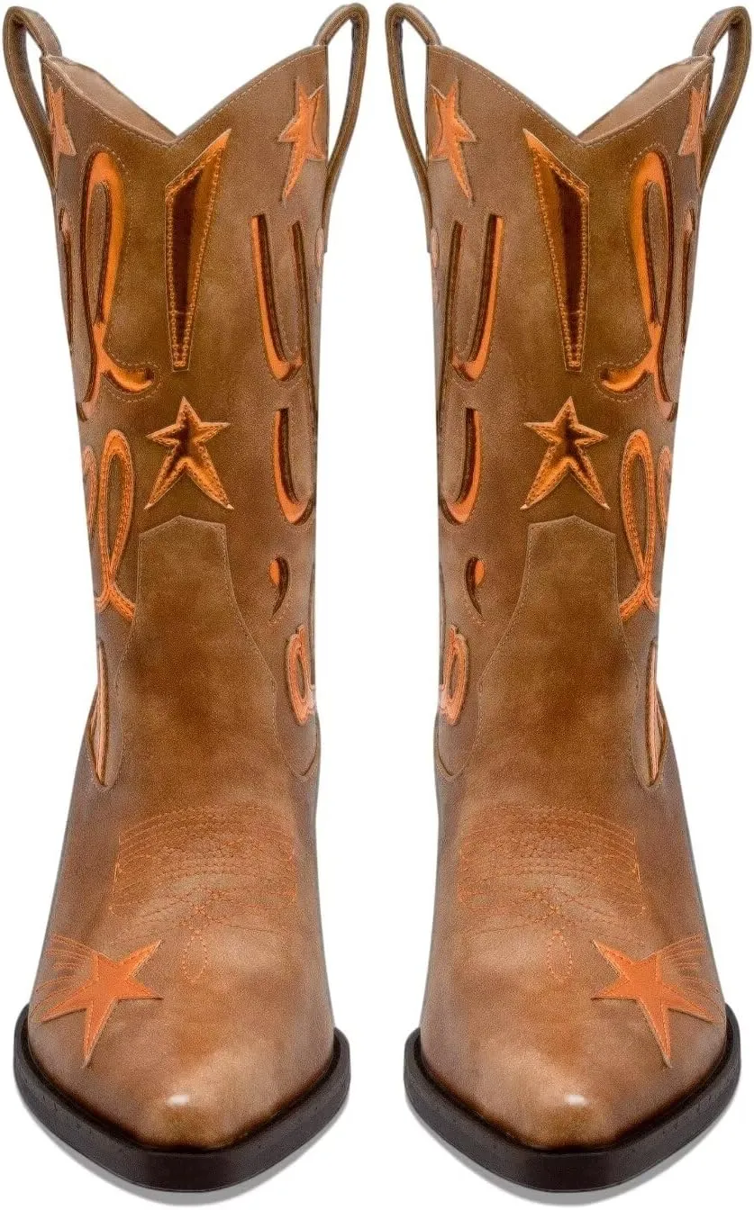 Metallic Cowboy boots for Women Mid Calf Low Heel Pointed Toe Womens Cowgirl Boots Fashion Embroidery Western Pull On Boots