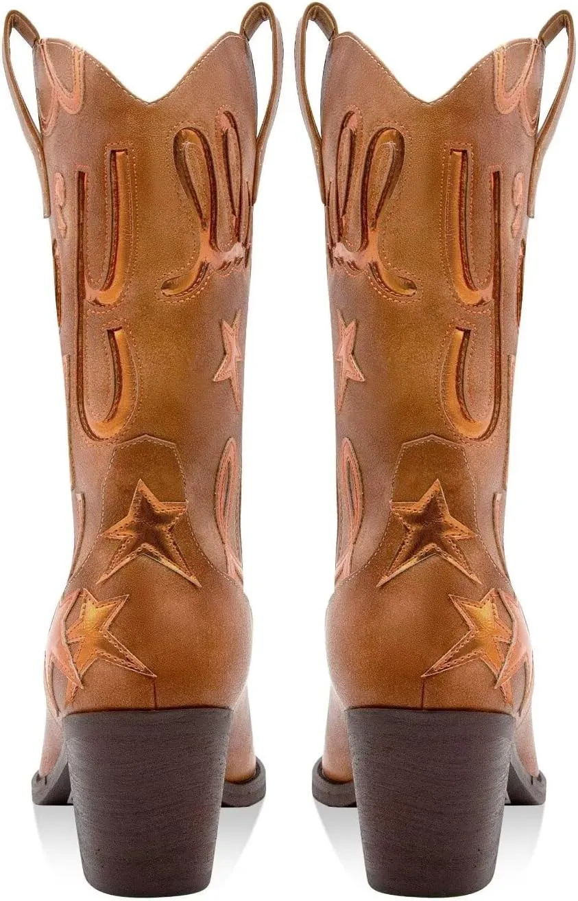 Metallic Cowboy boots for Women Mid Calf Low Heel Pointed Toe Womens Cowgirl Boots Fashion Embroidery Western Pull On Boots