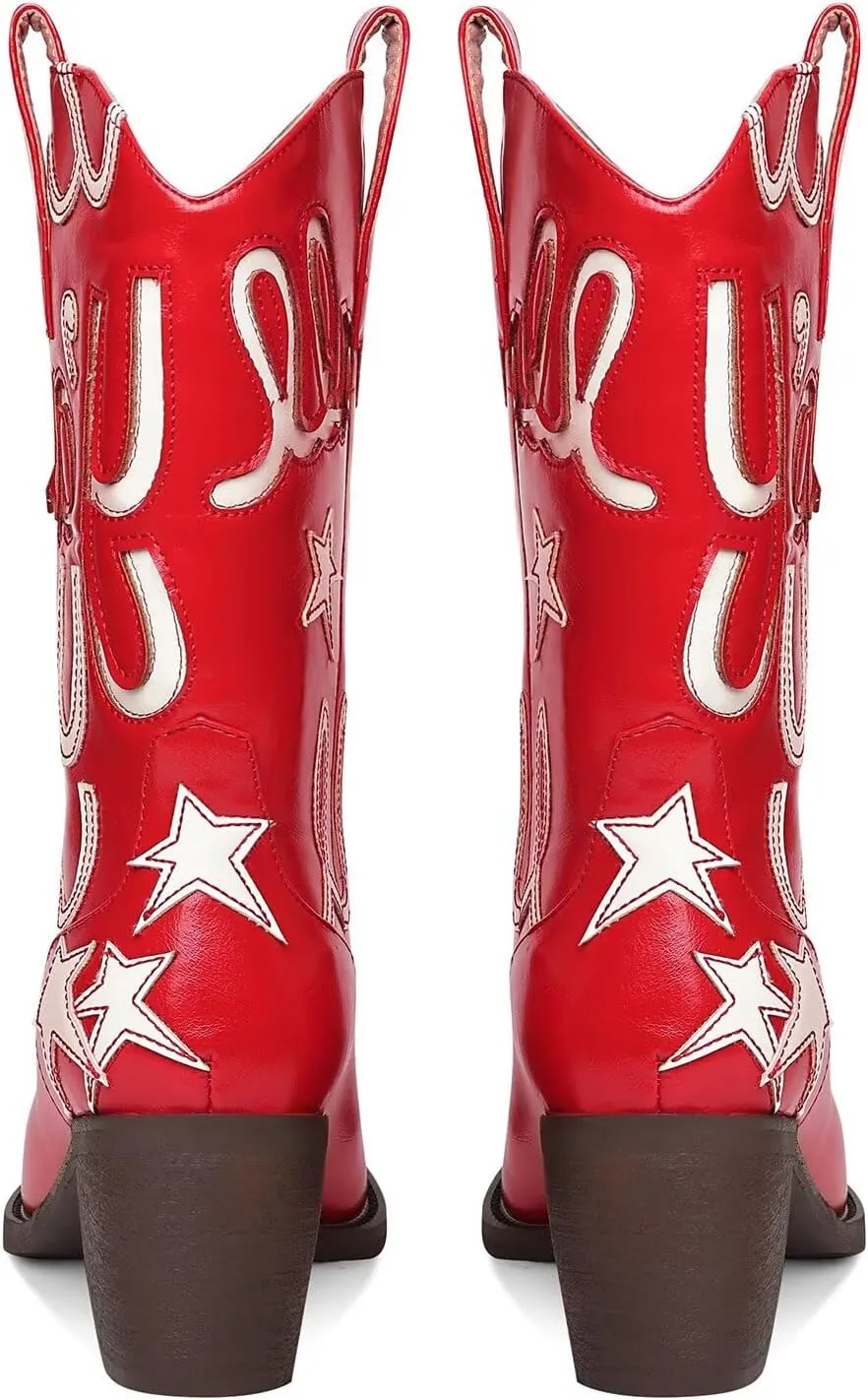 Metallic Cowboy boots for Women Mid Calf Low Heel Pointed Toe Womens Cowgirl Boots Fashion Embroidery Western Pull On Boots
