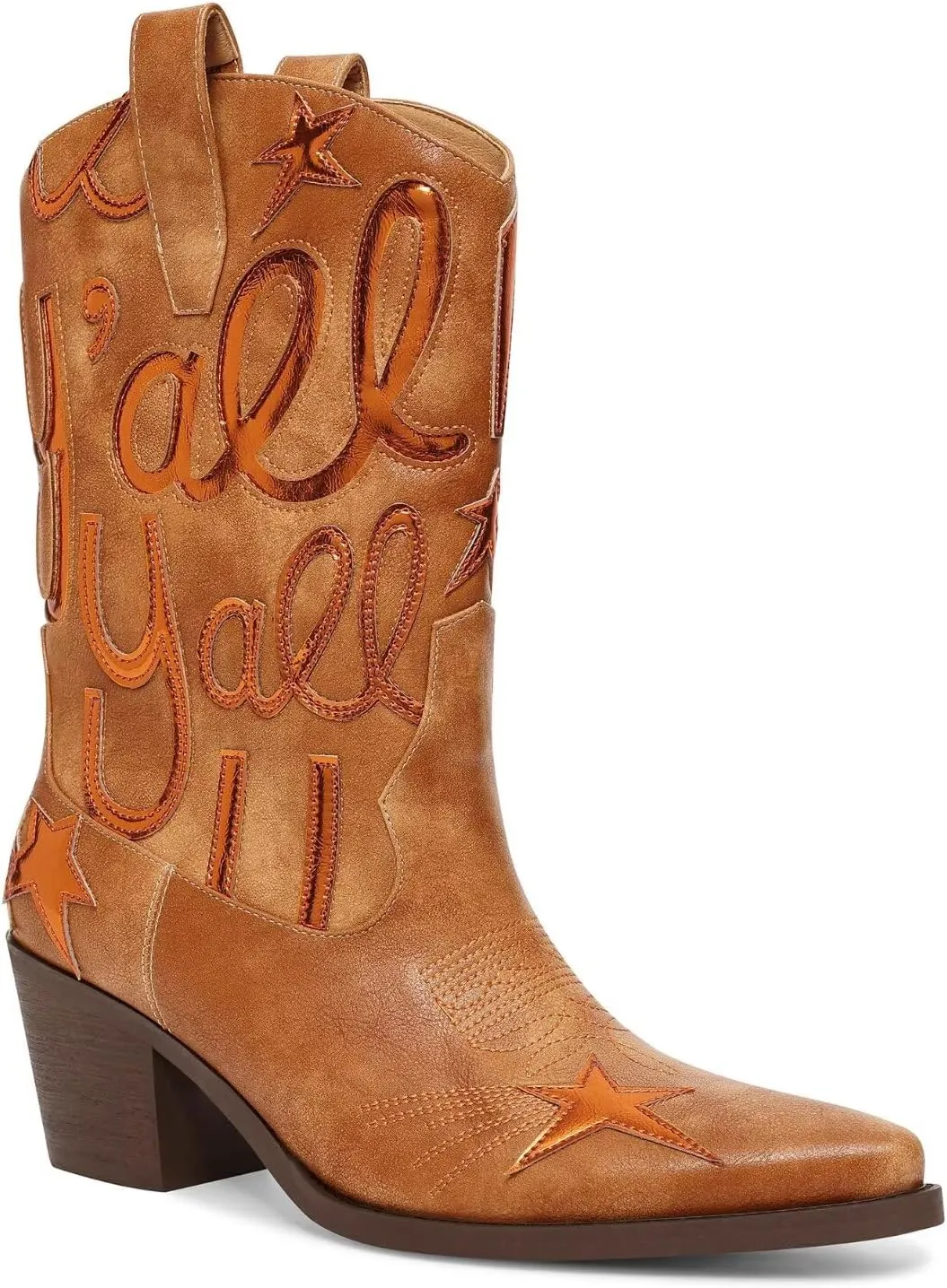 Metallic Cowboy boots for Women Mid Calf Low Heel Pointed Toe Womens Cowgirl Boots Fashion Embroidery Western Pull On Boots