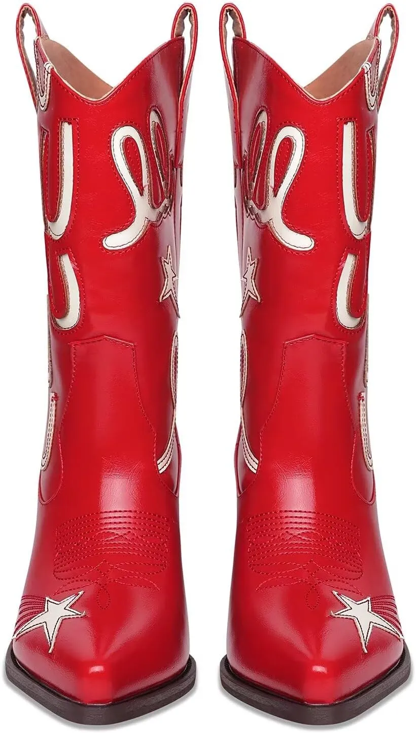 Metallic Cowboy boots for Women Mid Calf Low Heel Pointed Toe Womens Cowgirl Boots Fashion Embroidery Western Pull On Boots