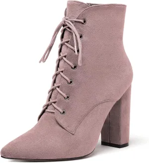 Mettesally Women's High Chunky Heel Ankle Boots Mid Calf Lace Up Boots Pointed Toe Zipper Fashion Booties Shoes