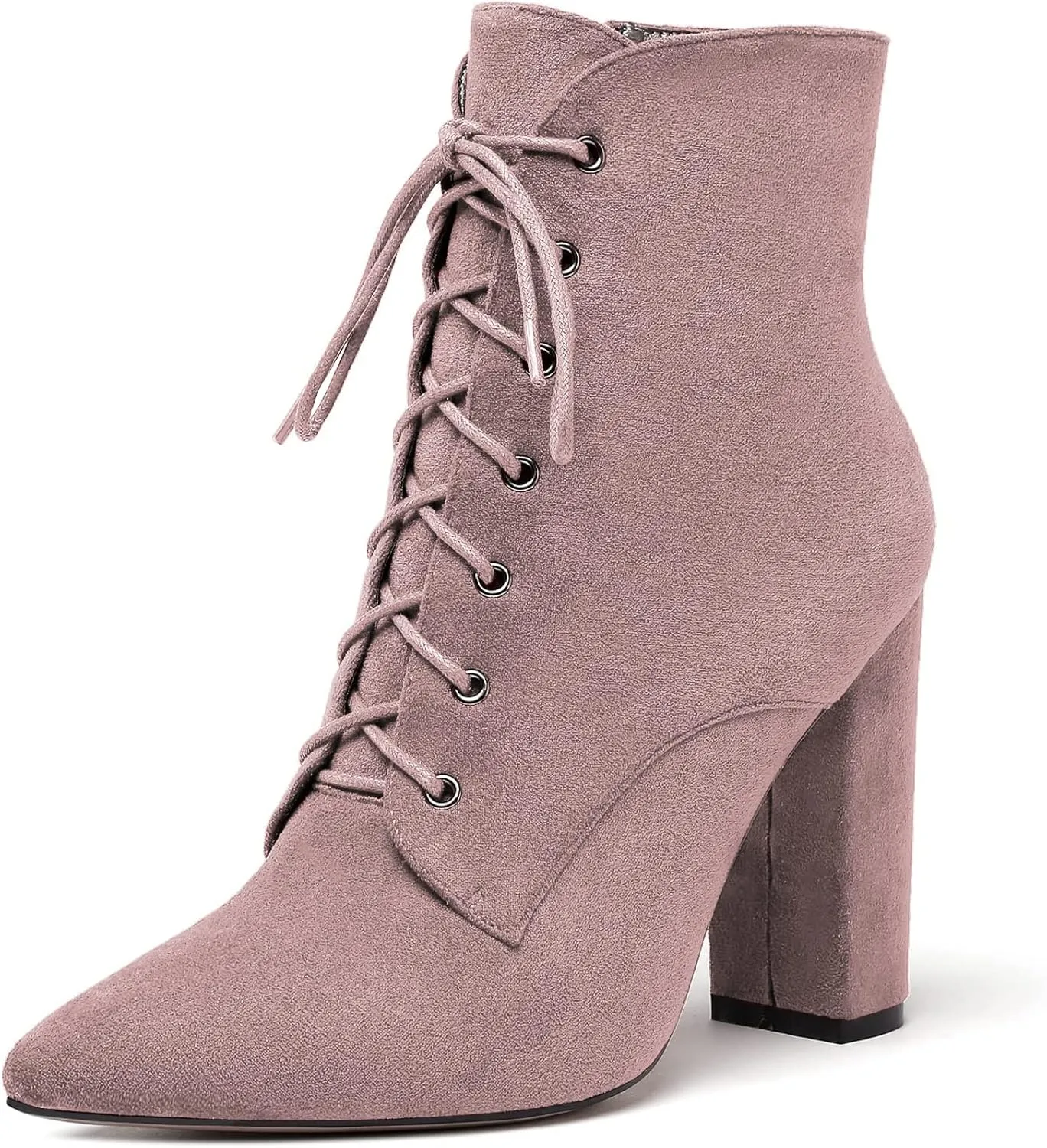 Mettesally Women's High Chunky Heel Ankle Boots Mid Calf Lace Up Boots Pointed Toe Zipper Fashion Booties Shoes