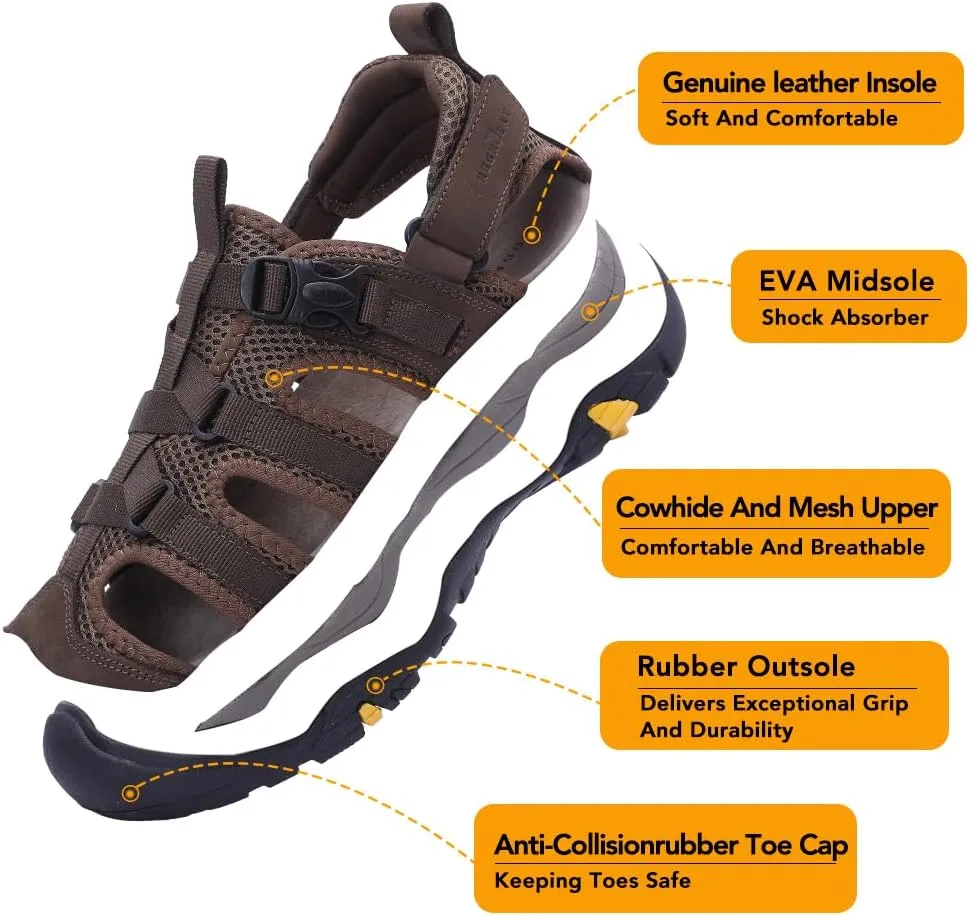 MGGMOKAY Men's Leather Closed Toe Sandals For Hiking Walking Water Beach Athletic Outdoor Fisherman Sandal