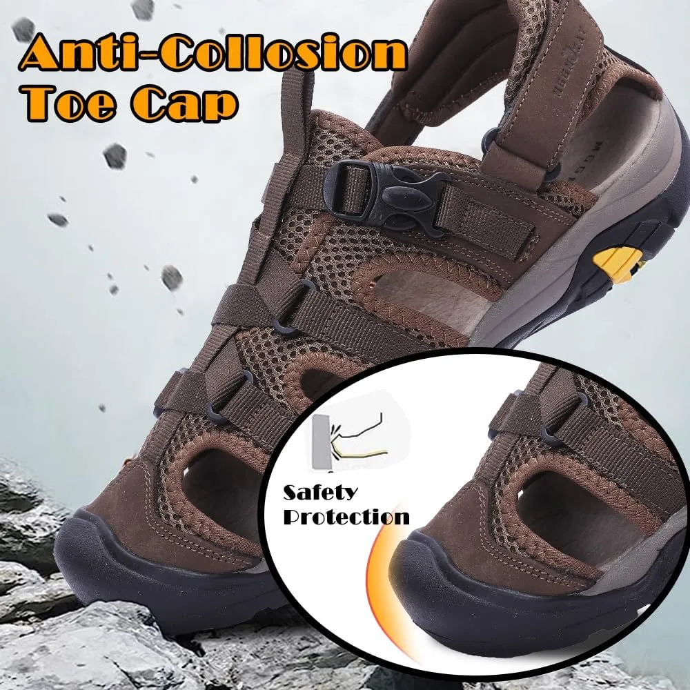 MGGMOKAY Men's Leather Closed Toe Sandals For Hiking Walking Water Beach Athletic Outdoor Fisherman Sandal