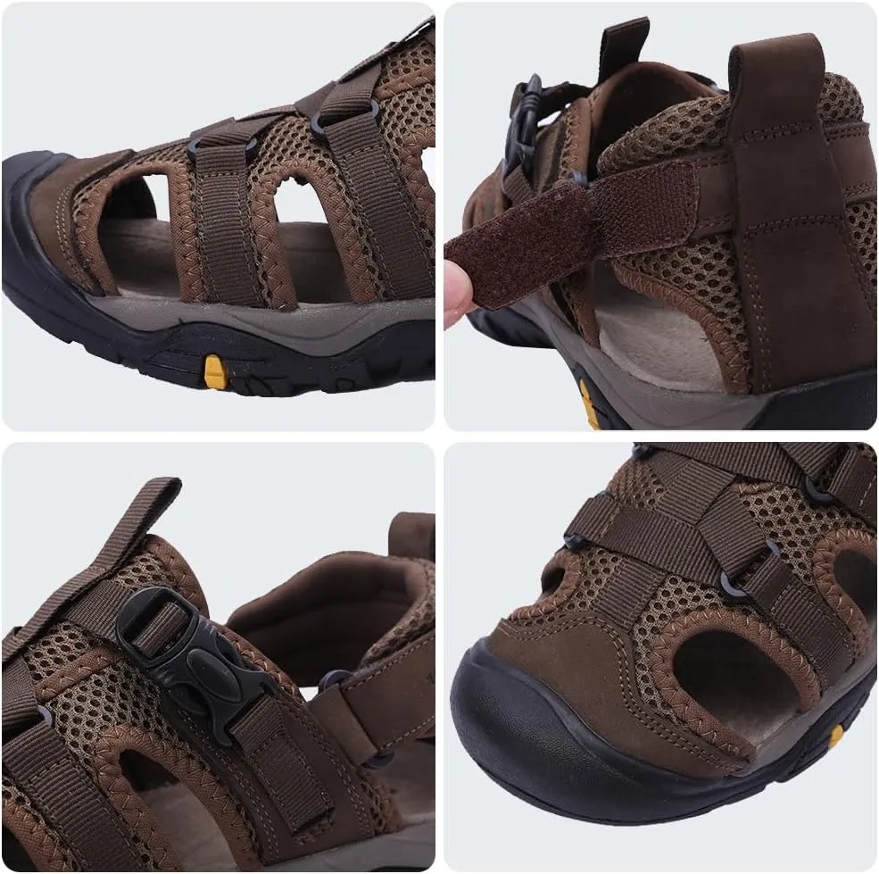 MGGMOKAY Men's Leather Closed Toe Sandals For Hiking Walking Water Beach Athletic Outdoor Fisherman Sandal