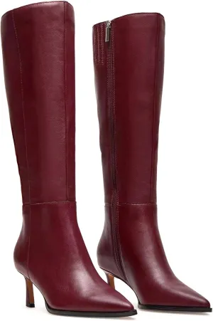 MICIFA Burgundy Kitten Heel Knee High Boots for Women Side Zipper Tall Leather Boots Pointed Toe Fall Dress Boots