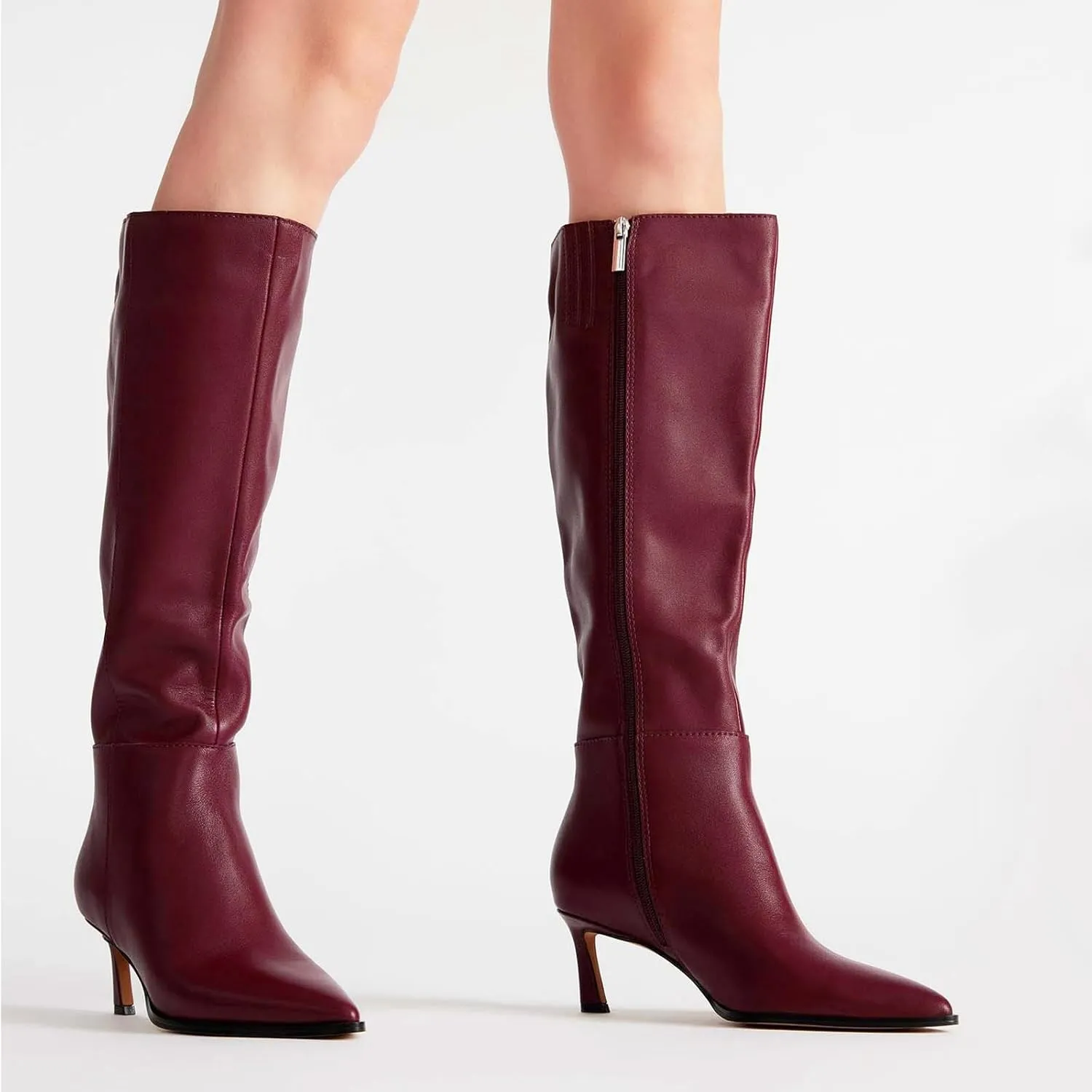 MICIFA Burgundy Kitten Heel Knee High Boots for Women Side Zipper Tall Leather Boots Pointed Toe Fall Dress Boots