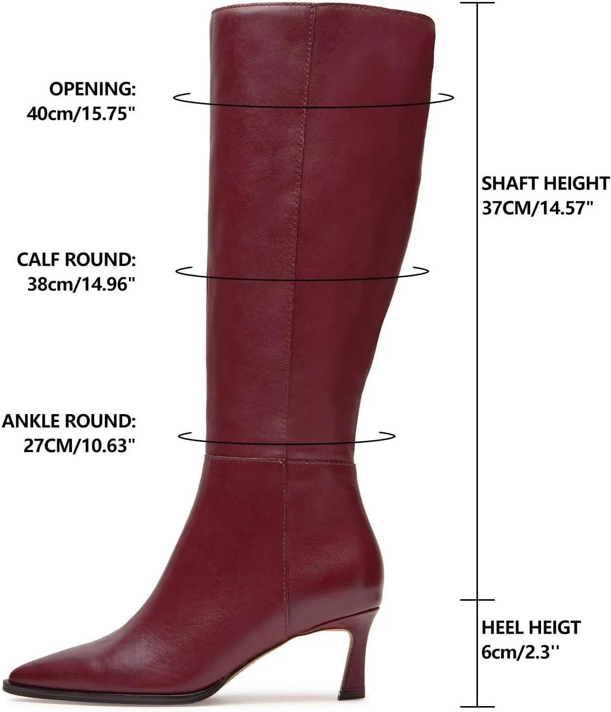 MICIFA Burgundy Kitten Heel Knee High Boots for Women Side Zipper Tall Leather Boots Pointed Toe Fall Dress Boots