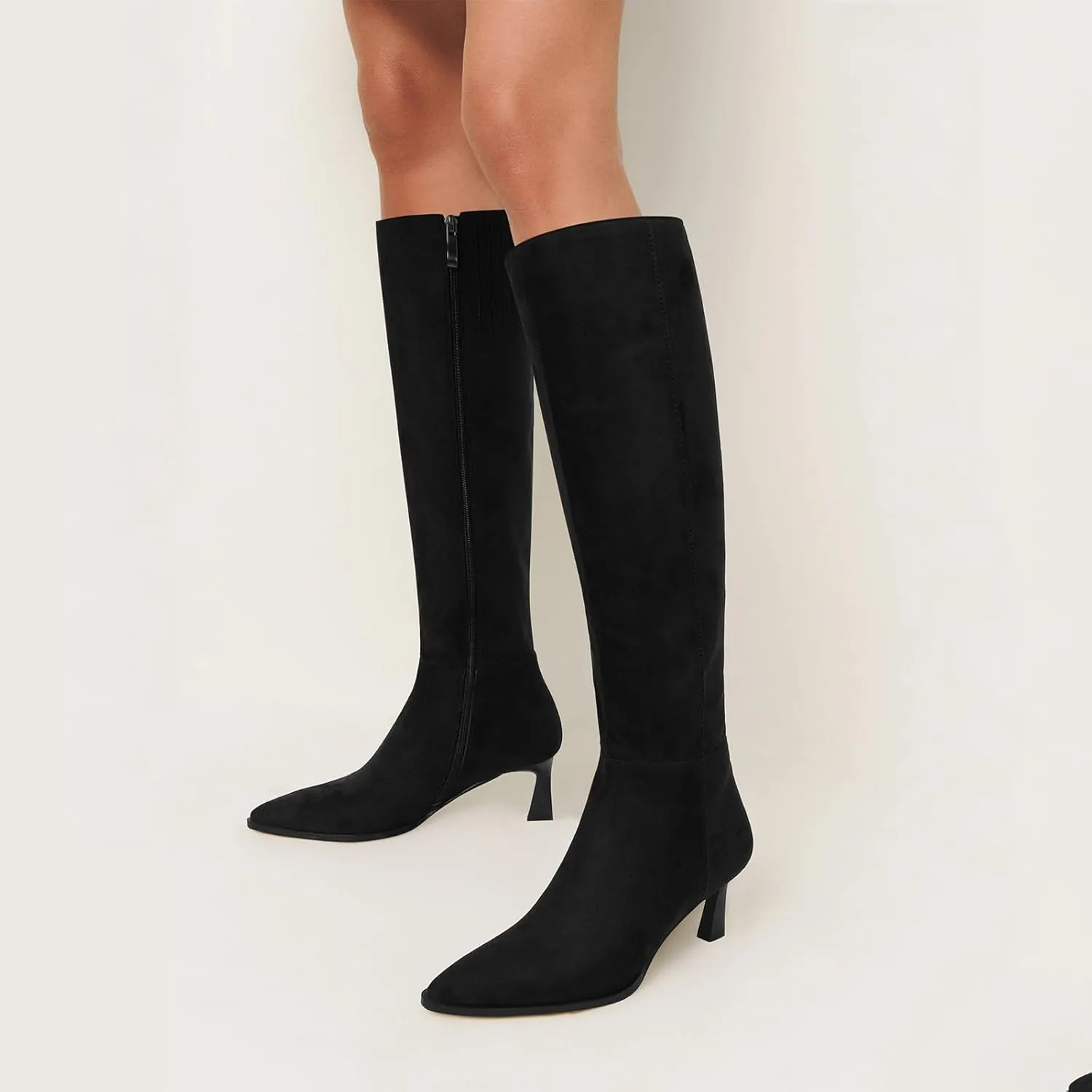 MICIFA Burgundy Kitten Heel Knee High Boots for Women Side Zipper Tall Leather Boots Pointed Toe Fall Dress Boots