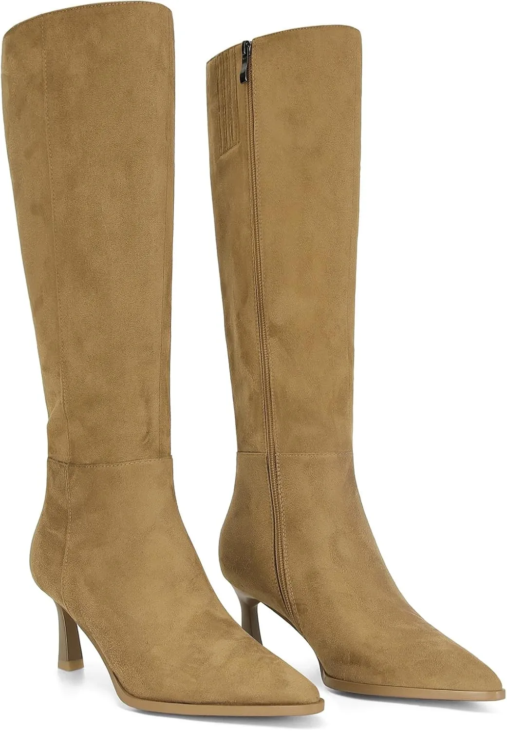 MICIFA Burgundy Kitten Heel Knee High Boots for Women Side Zipper Tall Leather Boots Pointed Toe Fall Dress Boots