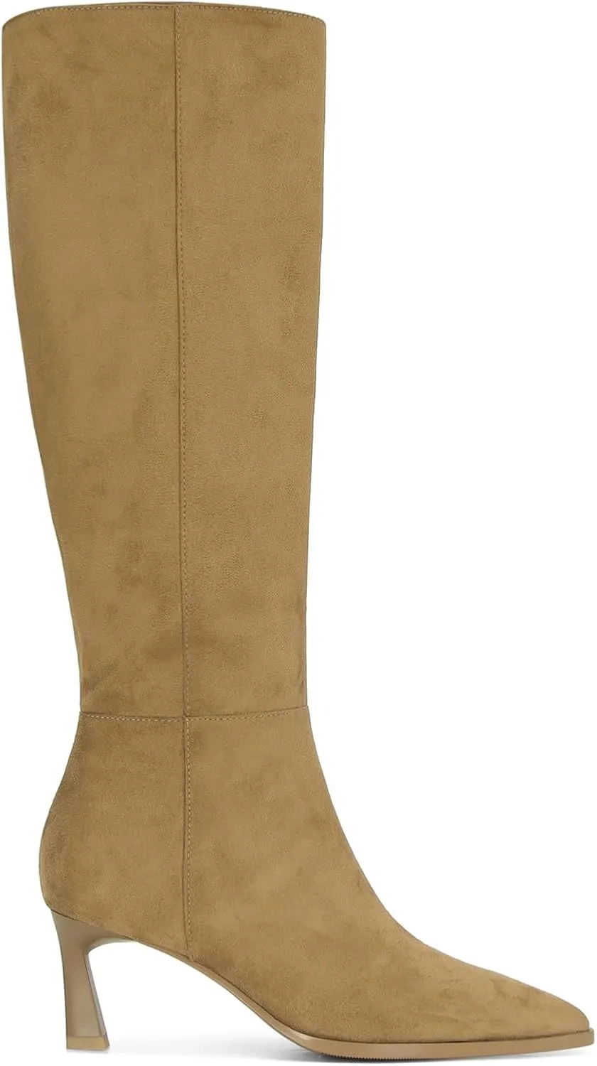 MICIFA Burgundy Kitten Heel Knee High Boots for Women Side Zipper Tall Leather Boots Pointed Toe Fall Dress Boots